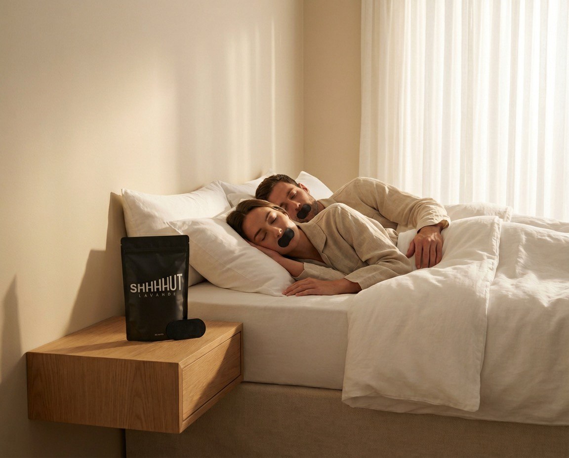 Couple dormant paisiblement sans ronflements grâce à SHHHHUT